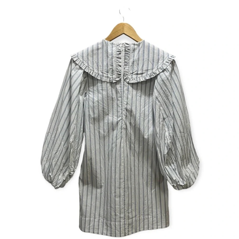 Ganni Blue and White Striped Balloon Sleeve Dress - Picture 3 of 12